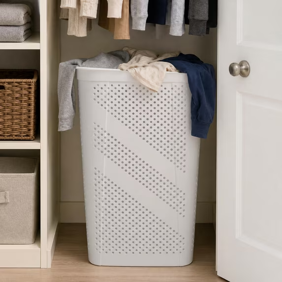 Mainstays Plastic Rectangular Hinged-Lid Laundry Hamper, White, Adult