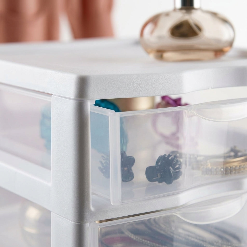3-Tier Plastic Desktop Drawer Organizer | White Semi-Clear Storage Chest for Desk & Vanity