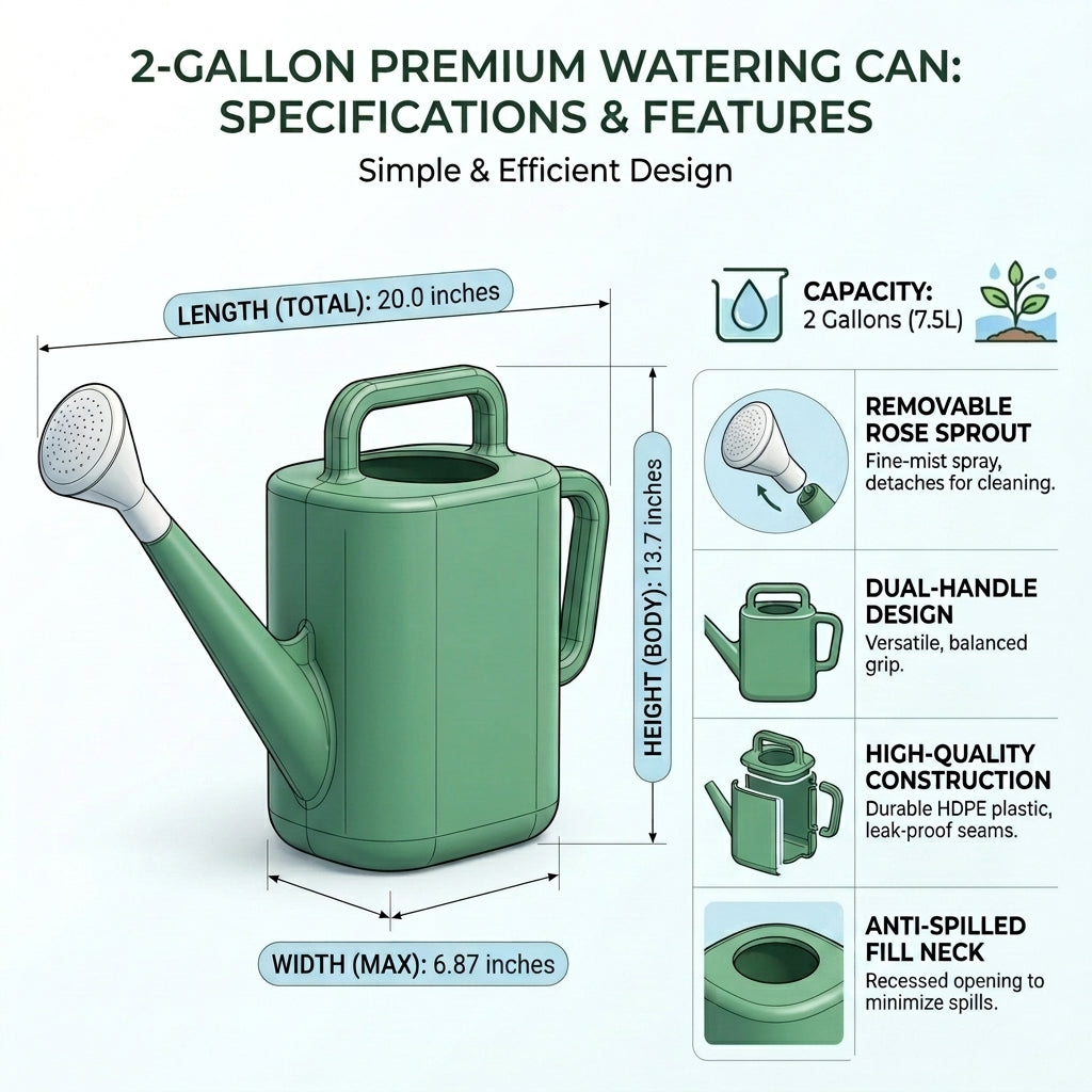 2 Gallon Green Resin Watering Can | Detachable Sprinkler Head, Long Spout for Indoor & Outdoor Plants