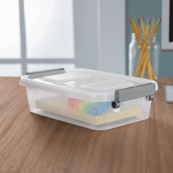 (2 pack) Sterilite Modular 2.7 Quart Small Latching Storage Bin, Clear Plastic Storage Container with Write-on ID Latches, Gray