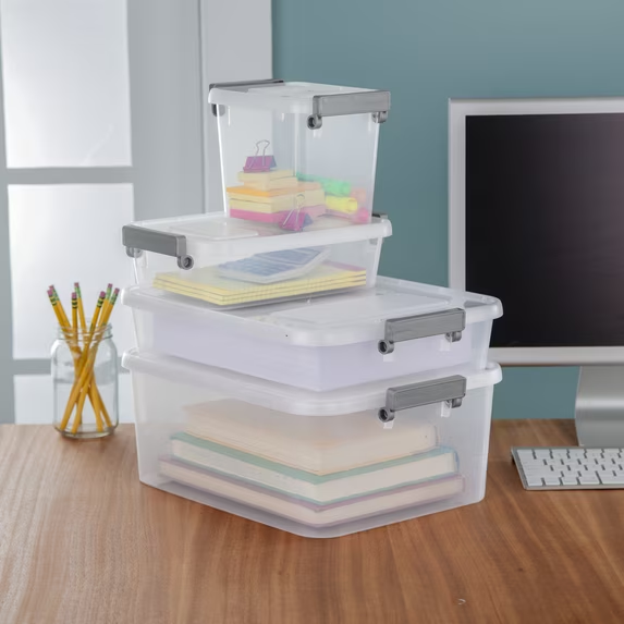 (2 pack) Sterilite Modular 2.7 Quart Small Latching Storage Bin, Clear Plastic Storage Container with Write-on ID Latches, Gray