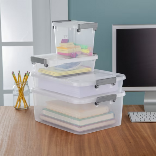 (2 pack) Sterilite Modular 2.7 Quart Small Latching Storage Bin, Clear Plastic Storage Container with Write-on ID Latches, Gray
