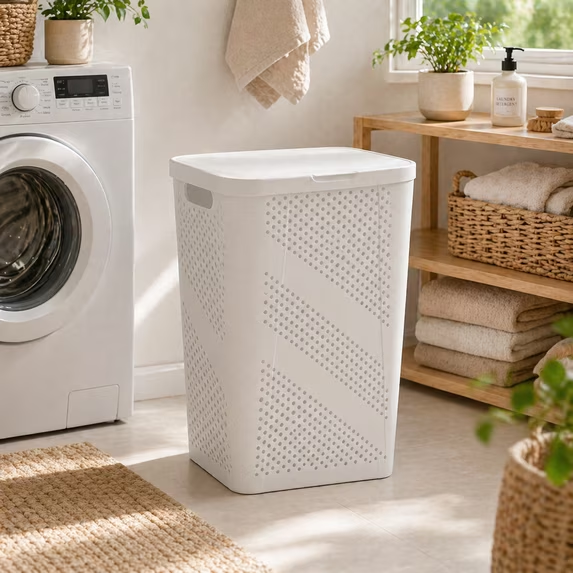 Mainstays Plastic Rectangular Hinged-Lid Laundry Hamper, White, Adult