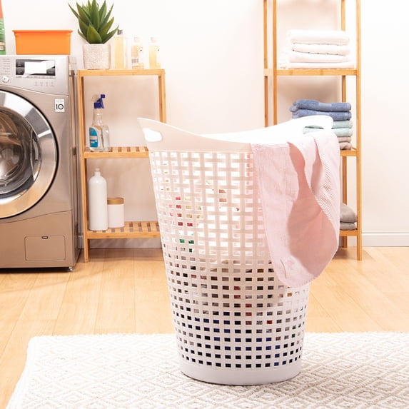 Mainstays Flexible Wicker Round Laundry Hamper, White Plastic