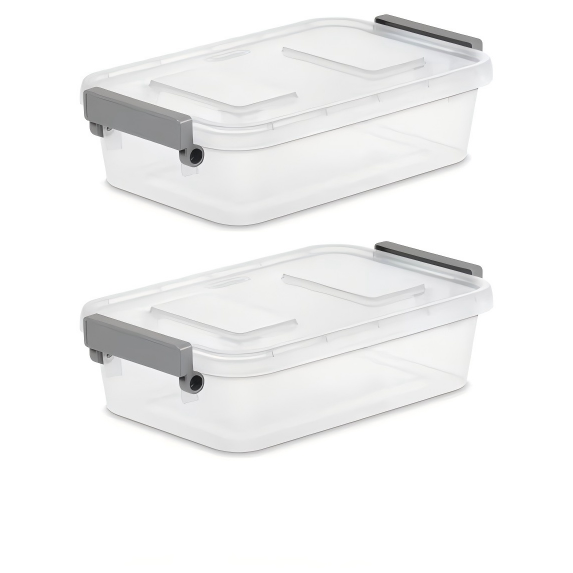 (2 pack) Sterilite Modular 2.7 Quart Small Latching Storage Bin, Clear Plastic Storage Container with Write-on ID Latches, Gray