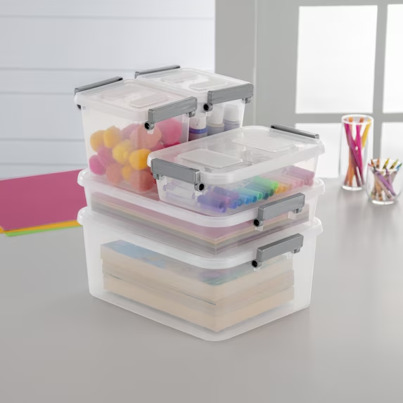 (2 pack) Sterilite Modular 2.7 Quart Small Latching Storage Bin, Clear Plastic Storage Container with Write-on ID Latches, Gray