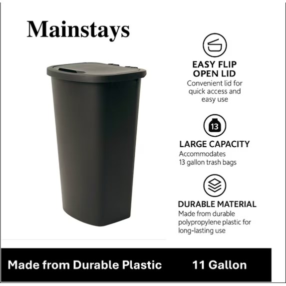 Mainstays 11 Gallon Plastic Kitchen Trash Can with Lift-Top Lid, Black